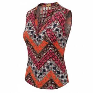 NWOT - Takara Women’s Sleeveless V Neck Black Red Blouse Top Shirt - Size Large